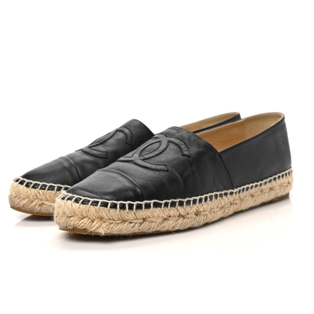 Chanel CC Espadrilles Flat Loafers Sz 40 Lambskin Leather Black